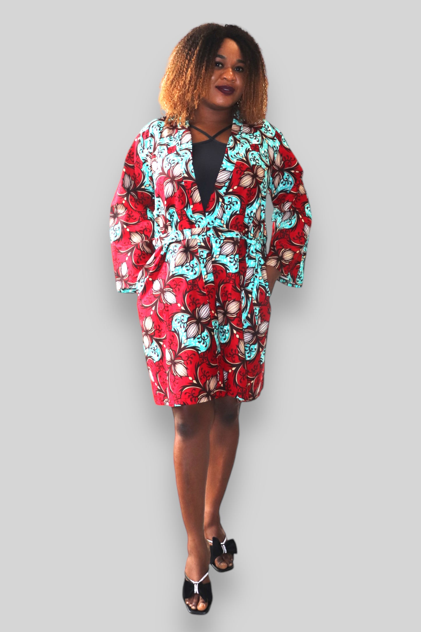 Kimono Vest in Afrikaanse Print - Rood/Licht Blauw