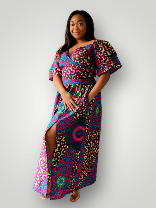 Wrap Top en Maxi Rok met Slit Co-ord Set - Blauw/Roze