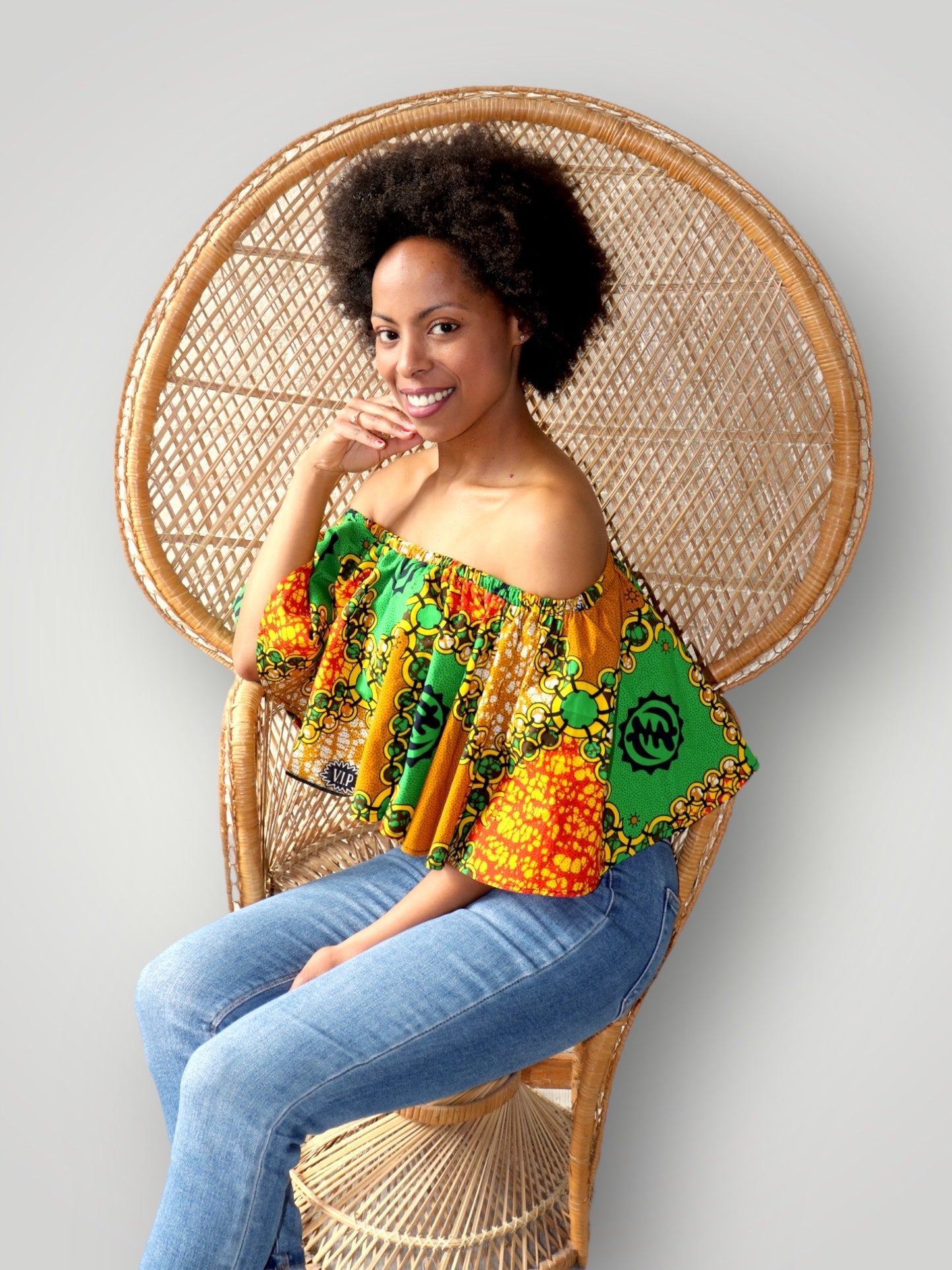 Off Shoulder Top van Afrikaanse Pront - Groen/Oranje