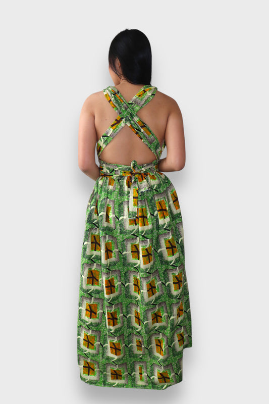 Infinity Multiway Maxi Jurk van Afrikaanse Print - Groen/Geel