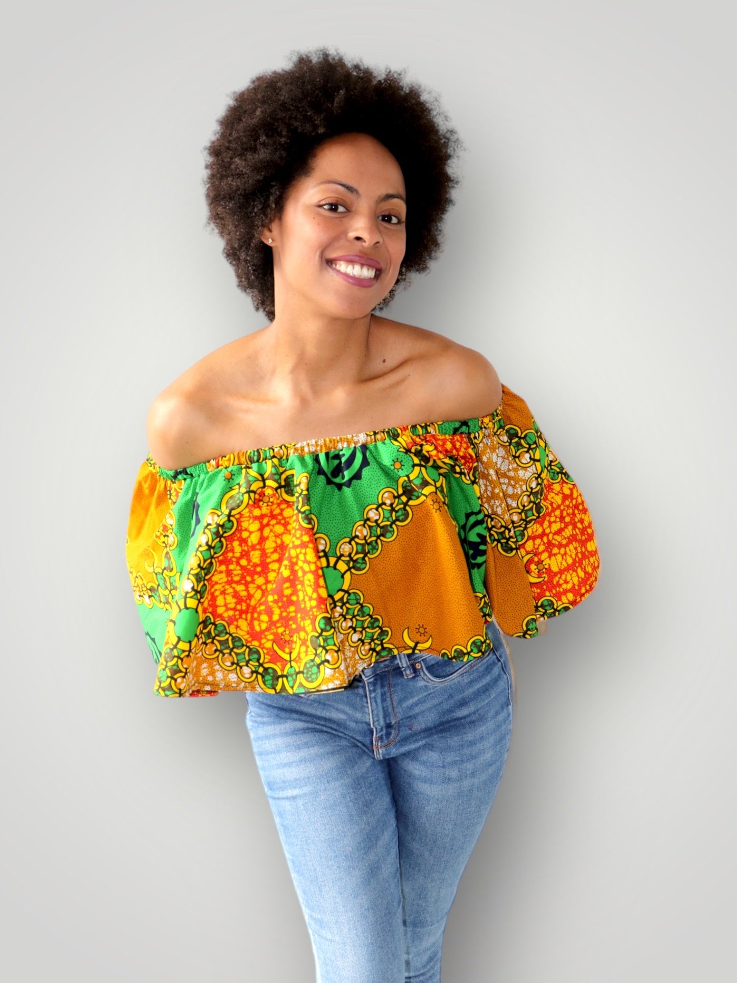 Off Shoulder Top van Afrikaanse Pront - Groen/Oranje