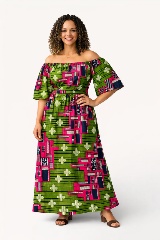 Afrikaanse Stof /Multicolor Geometrisch (Groen/Roze)100%katoen