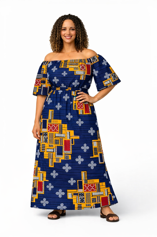 Afrikaanse Stof/ Diepblauw & Okergeel (Blokken)100%katoen