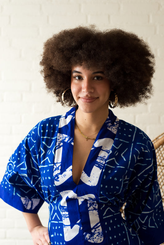 Kobaltblauwe Bubu Jurk-Batik Print