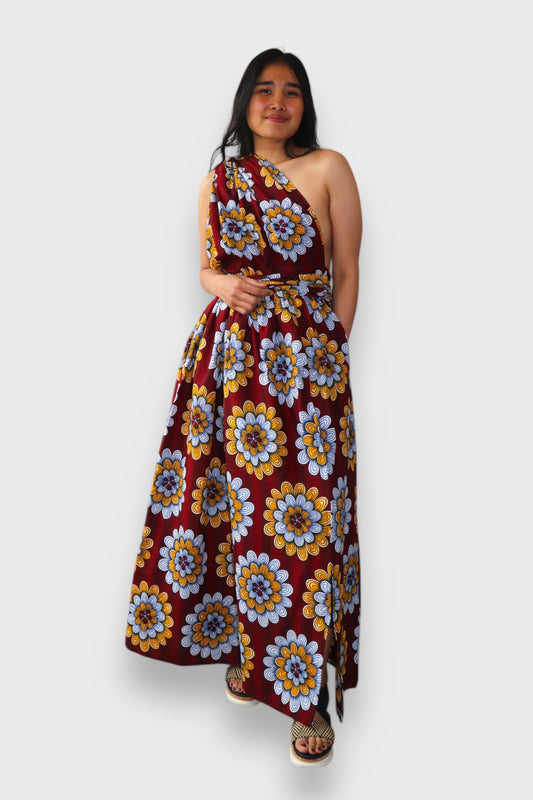 Infinity Multiway Maxi Jurk van Afrikaanse Print - Bordeaux met Bloemen