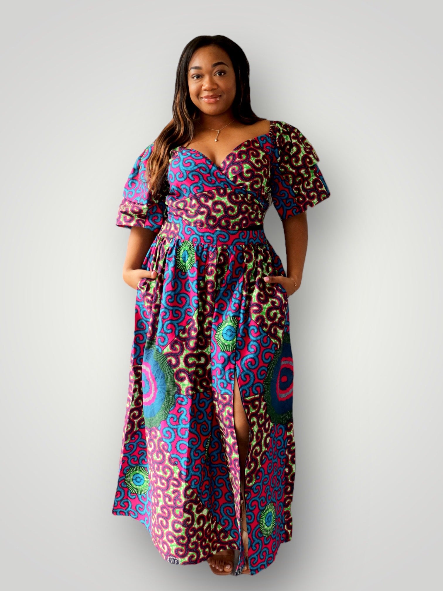 Wrap Top en Maxi Rok met Slit Co-ord Set Blauw/Roze – Nana's