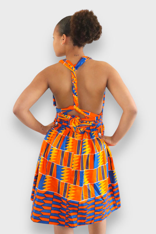 Infinity MultiwayMidi Jurk van Afrikaanse Print - Oranje/Blauw