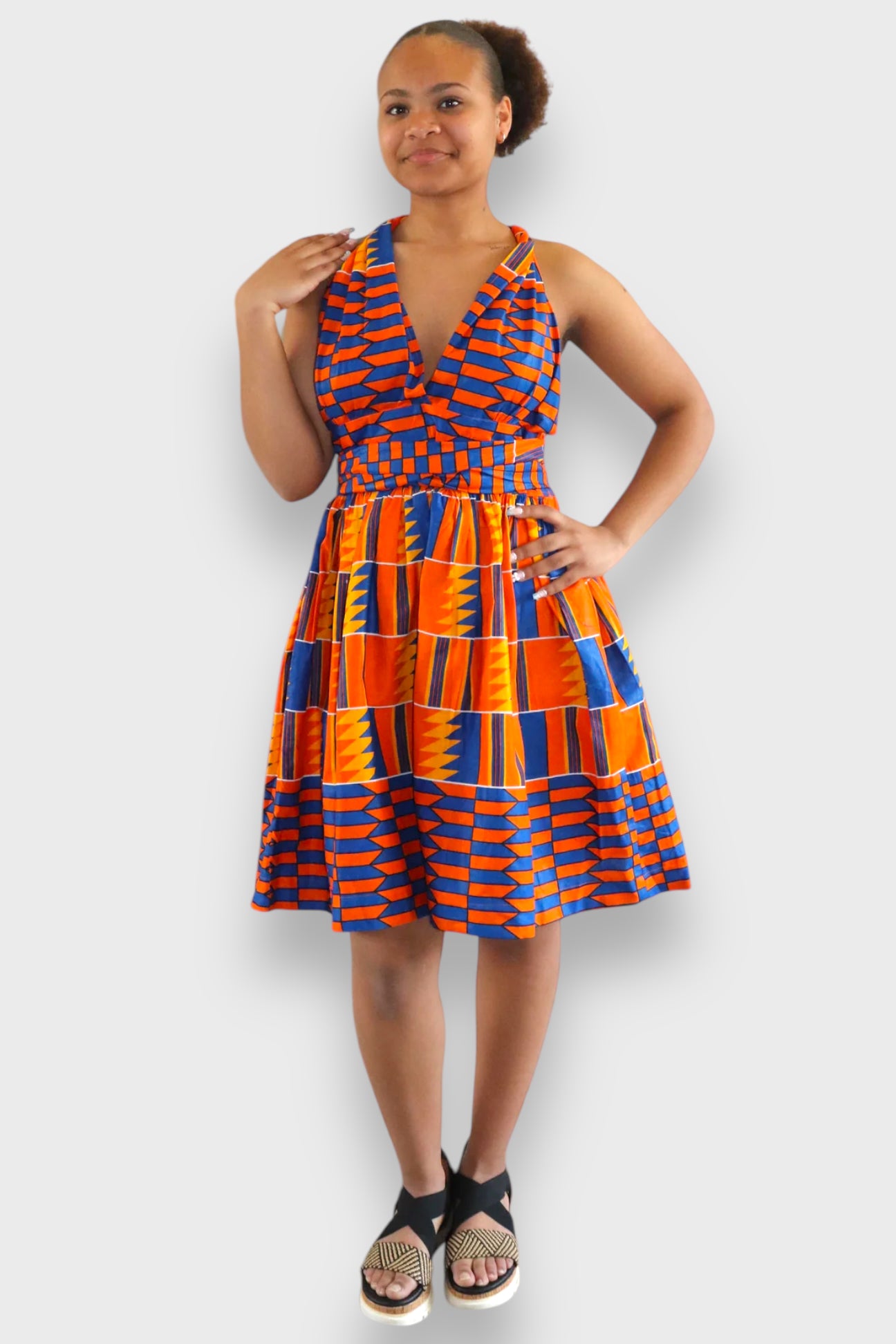Infinity MultiwayMidi Jurk van Afrikaanse Print - Oranje/Blauw