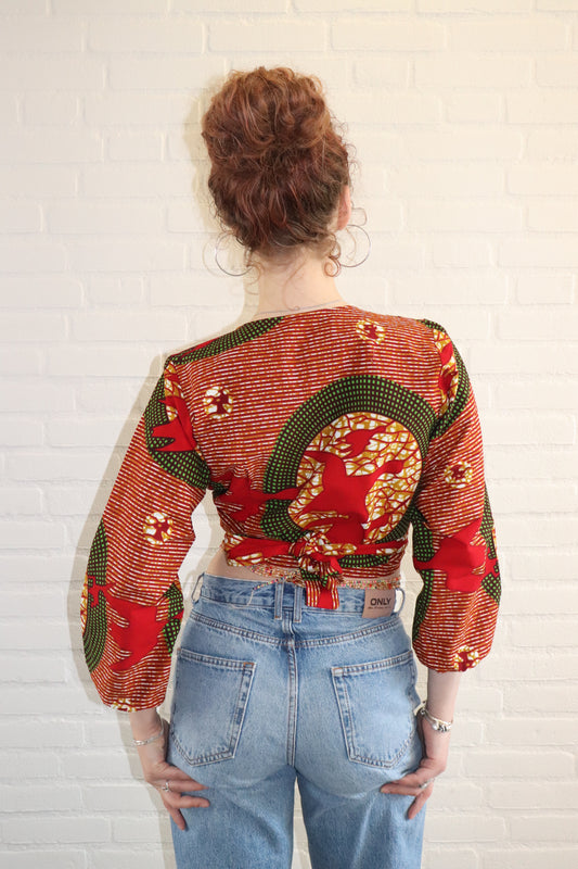Wrap Top – Rood/Groen met Abstract Motief