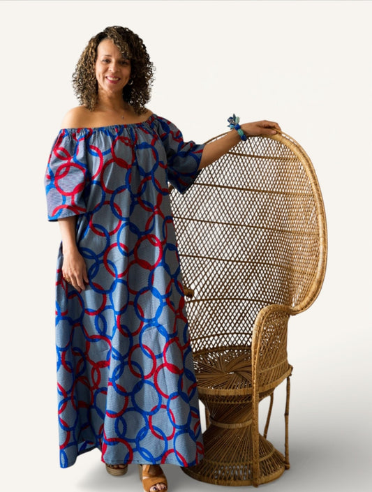Rich Aunty Off-shoulder Maxi Jurk Blauwe &Rood