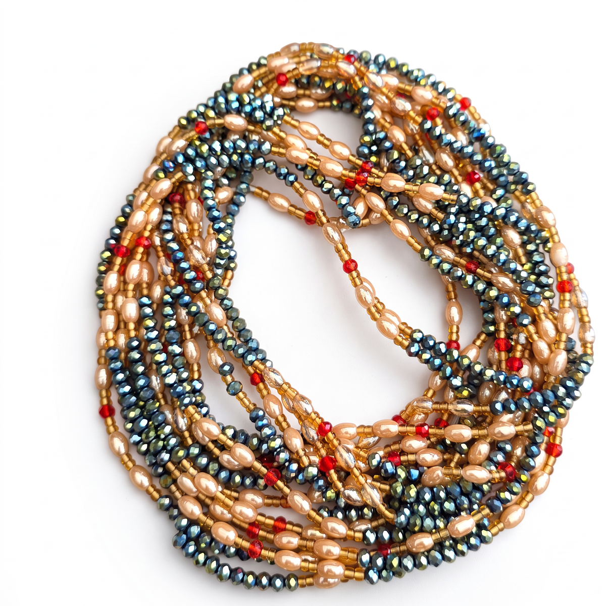 Petrolkleurige waistbeads met champagnekleurige, rode en gouden details