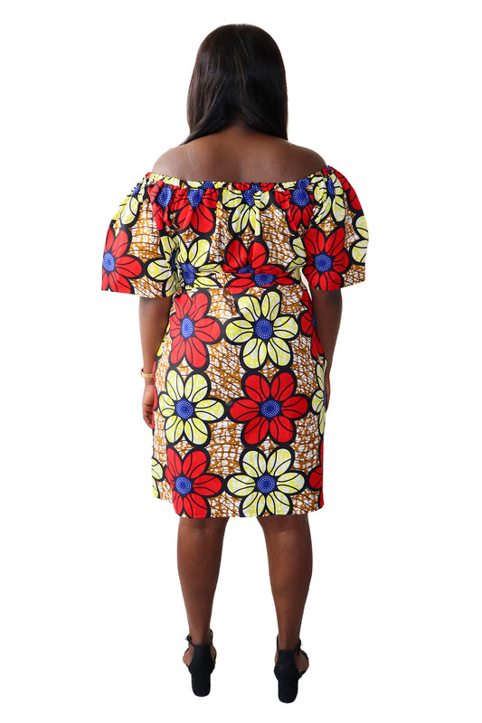 Off Shoulder Midi Jurk in Afrikaanse Print - Multicolor 2