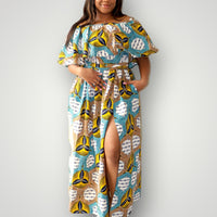 Off Shoulder Top & Maxi Rok met Slit Co-ord Set - Multicolor