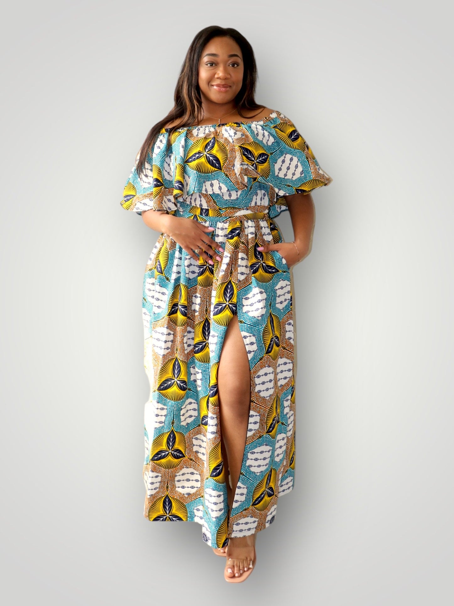 Off Shoulder Top & Maxi Rok met Slit Co-ord Set - Multicolor