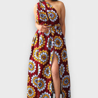 Infinity Multiway Maxi Jurk van Afrikaanse Print - Bordeaux met Bloemen