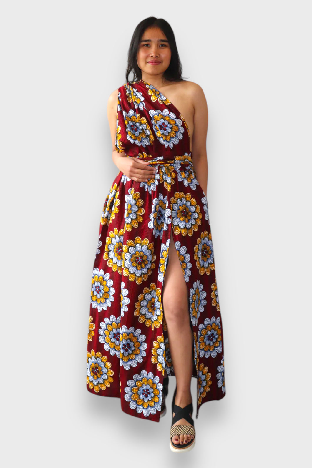 Infinity Multiway Maxi Jurk van Afrikaanse Print - Bordeaux met Bloemen