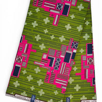 Afrikaanse Stof /Multicolor Geometrisch (Groen/Roze)100%katoen