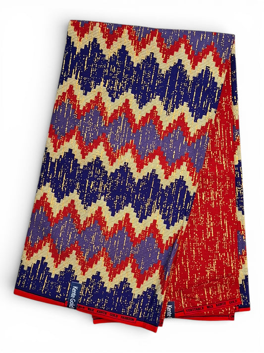 Kente Gold Fashion | Diepblauw, Paars & Rood/Beige Zigzag