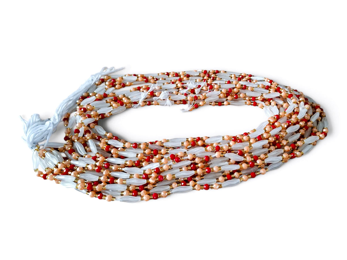 Waistbeads – zalmroze, wit & rood
