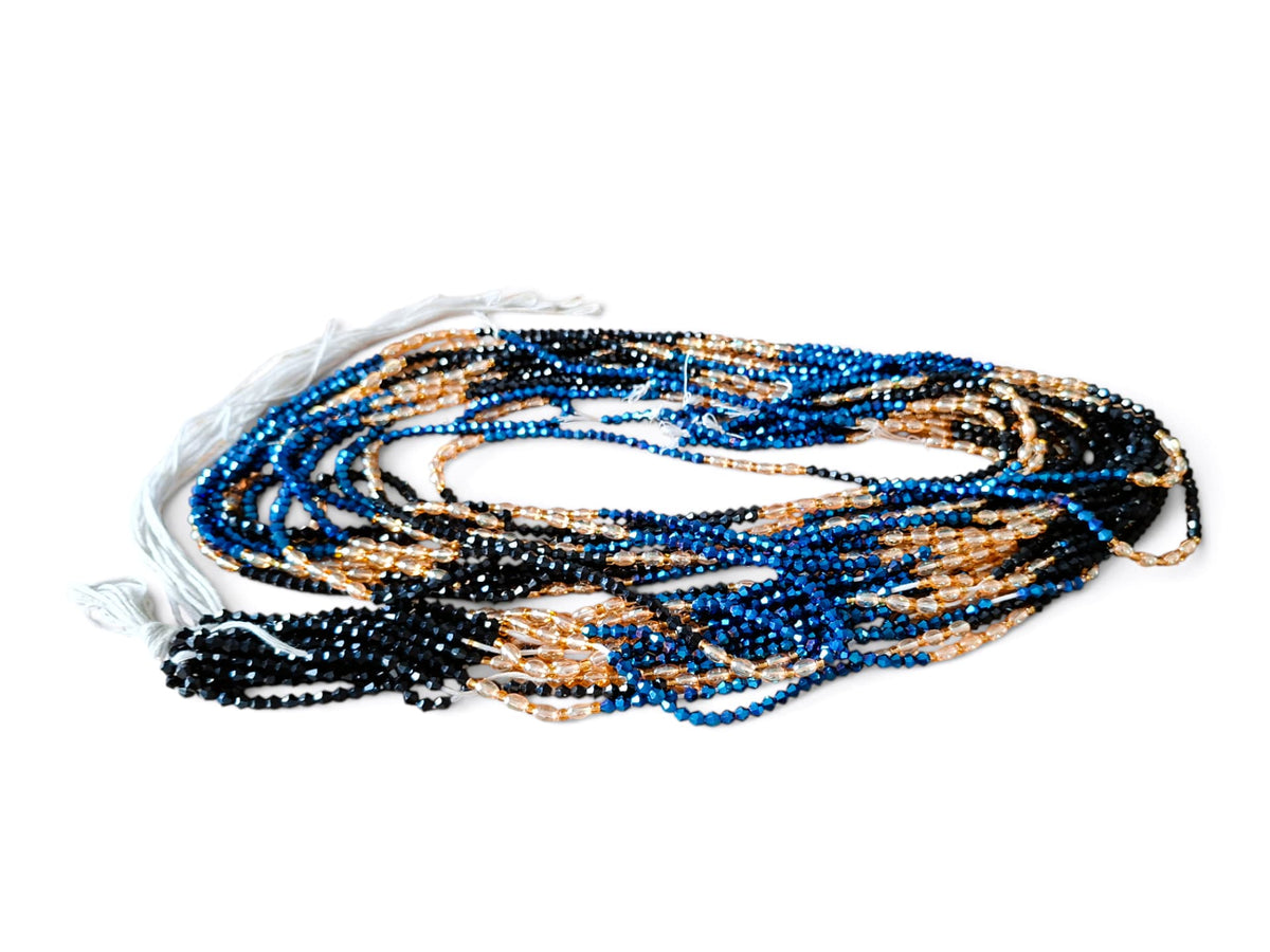 Waistbeads – blauw, zwart & champagne