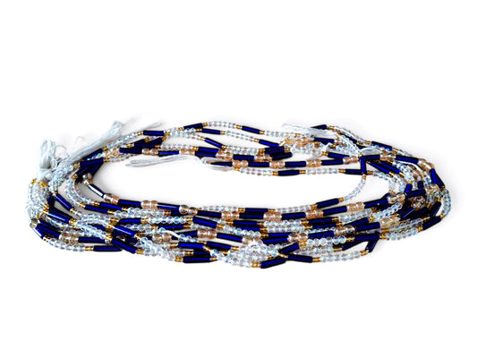 Waistbeads kobaltblauw, kristal en champagne