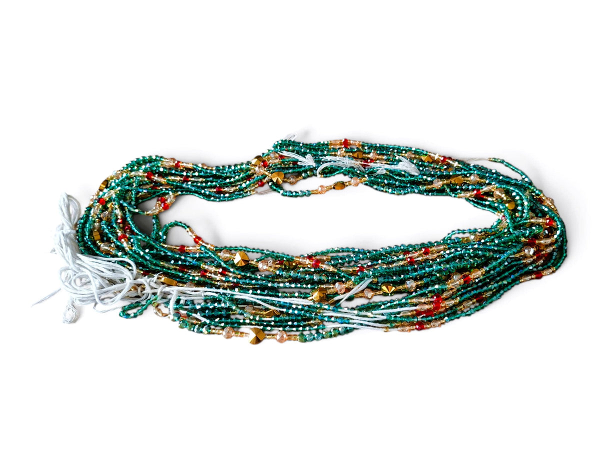 Waistbeads zeegroen, goud en rood