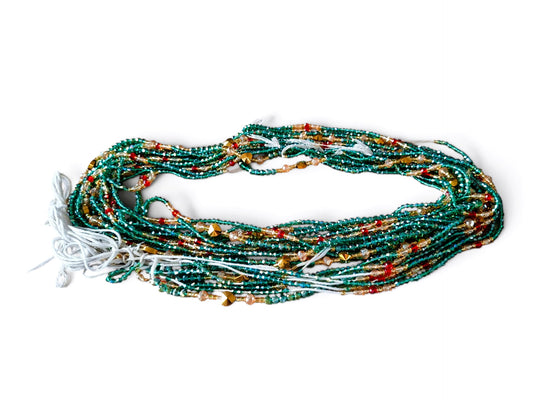 Waistbeads zeegroen, goud en rood