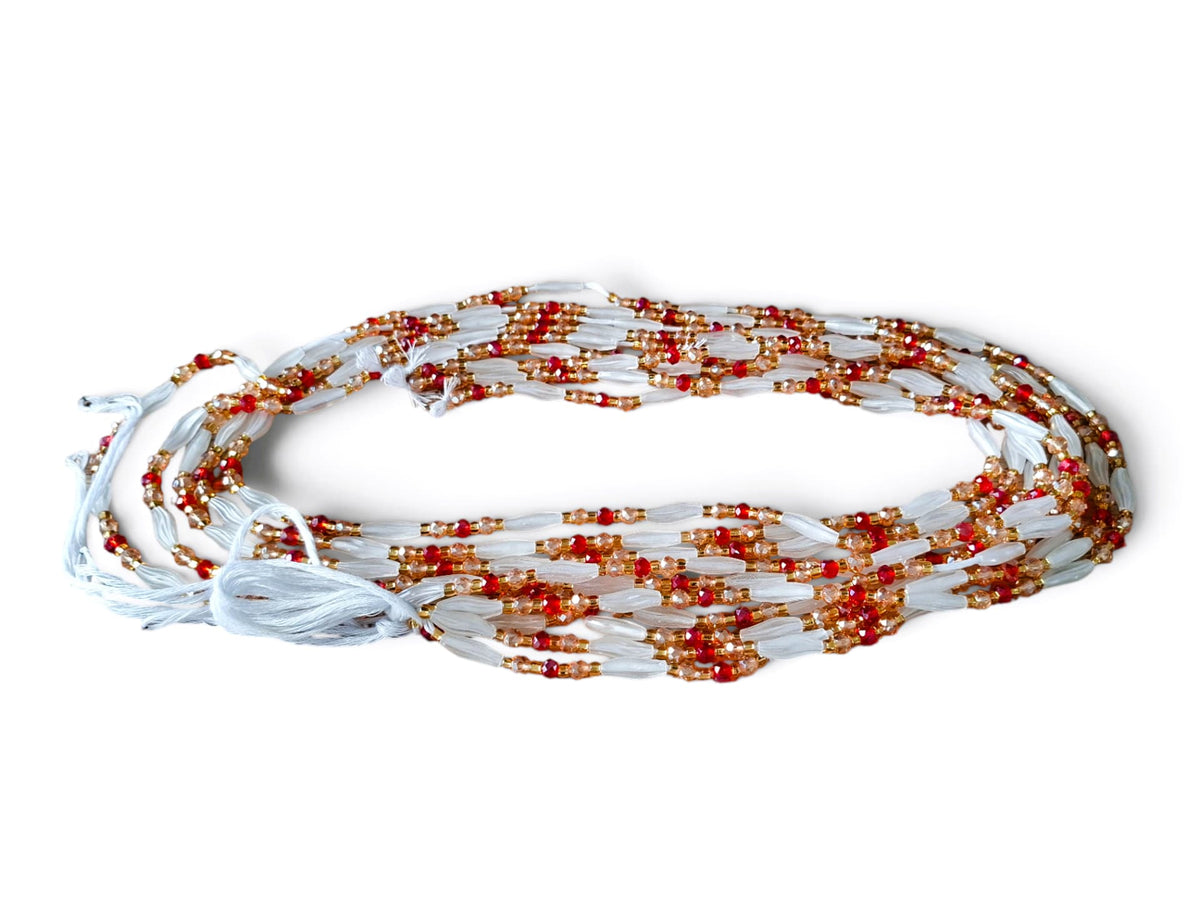 Waistbeads parelwit, rood en goud
