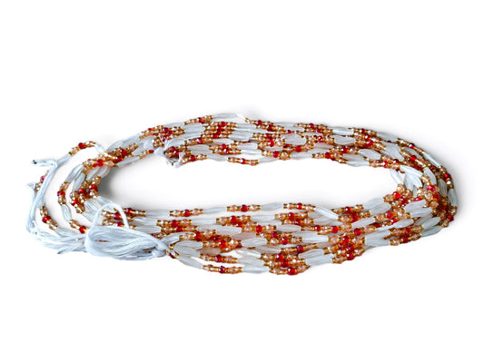 Waistbeads parelwit, rood en goud