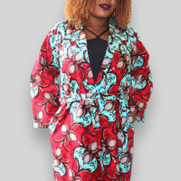 Kimono Vest in Afrikaanse Print - Rood/Licht Blauw