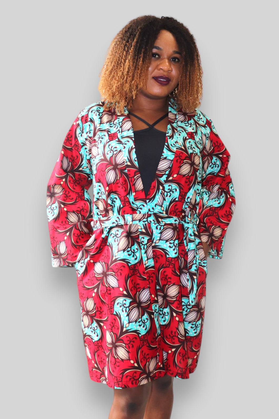 Kimono Vest in Afrikaanse Print - Rood/Licht Blauw