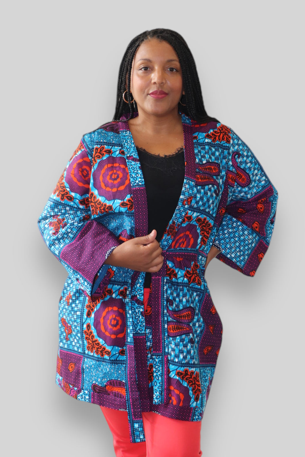 Kimono Vest van Afrikaanse Print - Blauw/Rood