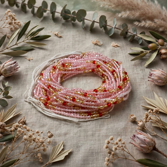 Waistbeads roze, goud en rood