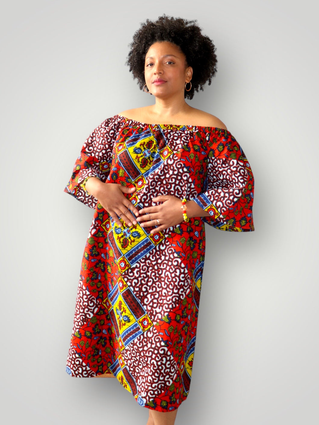 Off Shoulder Maxi Jurk van Afrikaanse Print - Multicolor