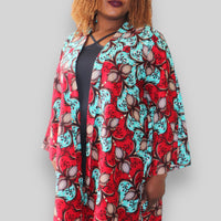 Kimono Vest in Afrikaanse Print - Rood/Licht Blauw