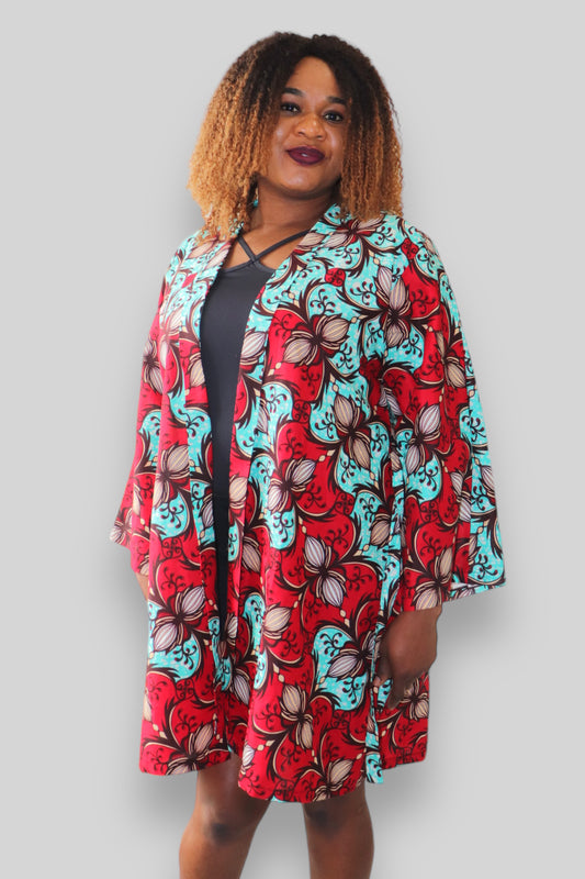 Kimono Vest in Afrikaanse Print - Rood/Licht Blauw
