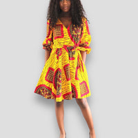 Midi Jurk van Afrikaanse Print - Geel/Rood