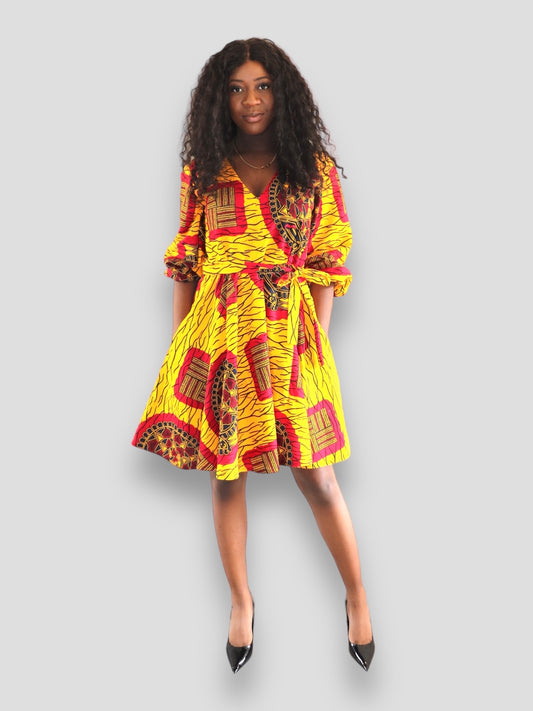 Midi Jurk van Afrikaanse Print - Geel/Rood