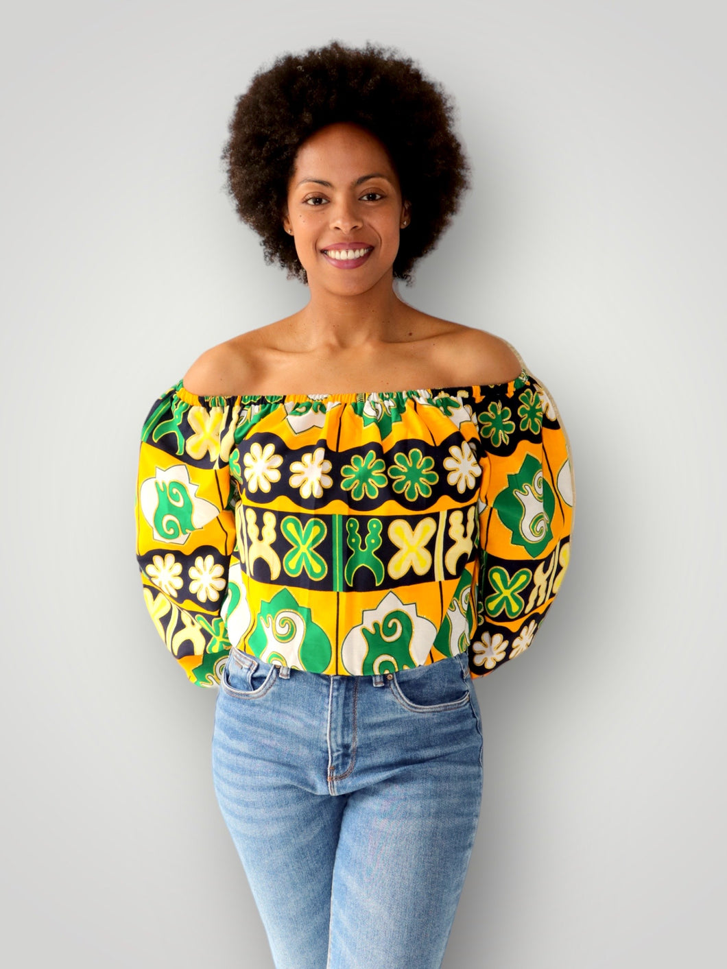 Off Shoulder Top van Afrikaanse Print - Geel/Groen