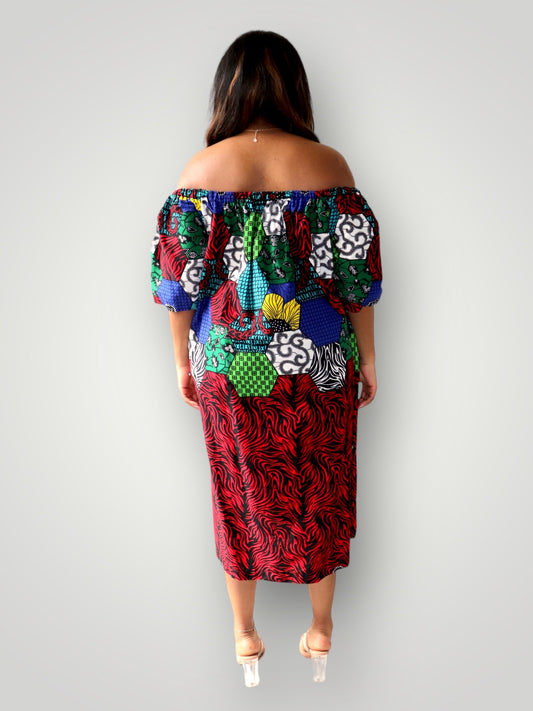 Off Shoulder Maxi Jurk van Afrikaanse Print - Multicolor 2