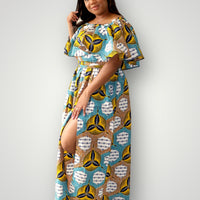 Off Shoulder Top & Maxi Rok met Slit Co-ord Set - Multicolor