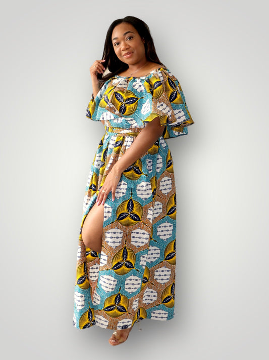 Off Shoulder Top & Maxi Rok met Slit Co-ord Set - Multicolor
