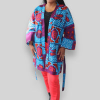 Kimono Vest van Afrikaanse Print - Blauw/Rood