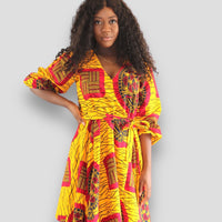 Midi Jurk van Afrikaanse Print - Geel/Rood