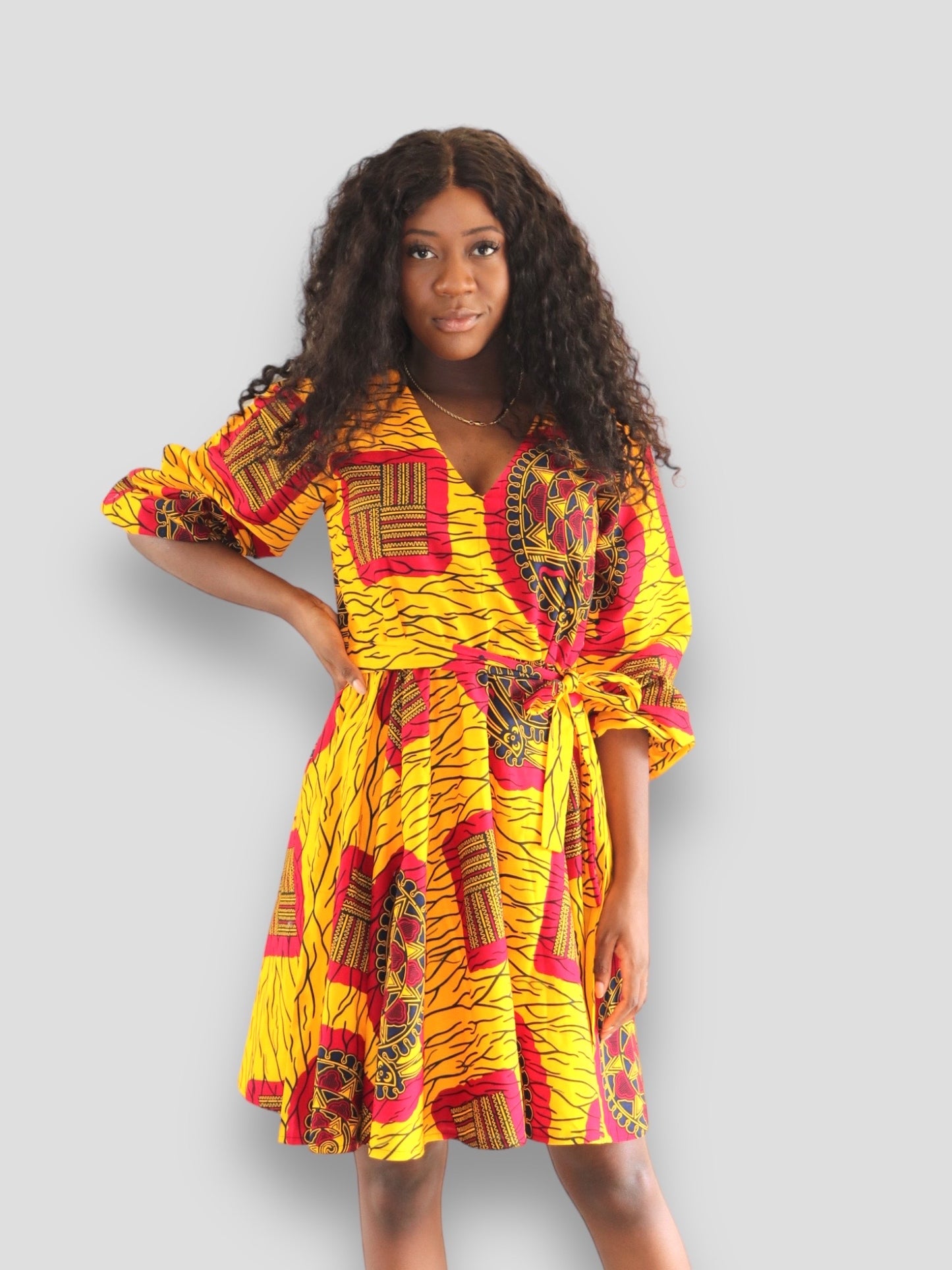 Midi Jurk van Afrikaanse Print - Geel/Rood