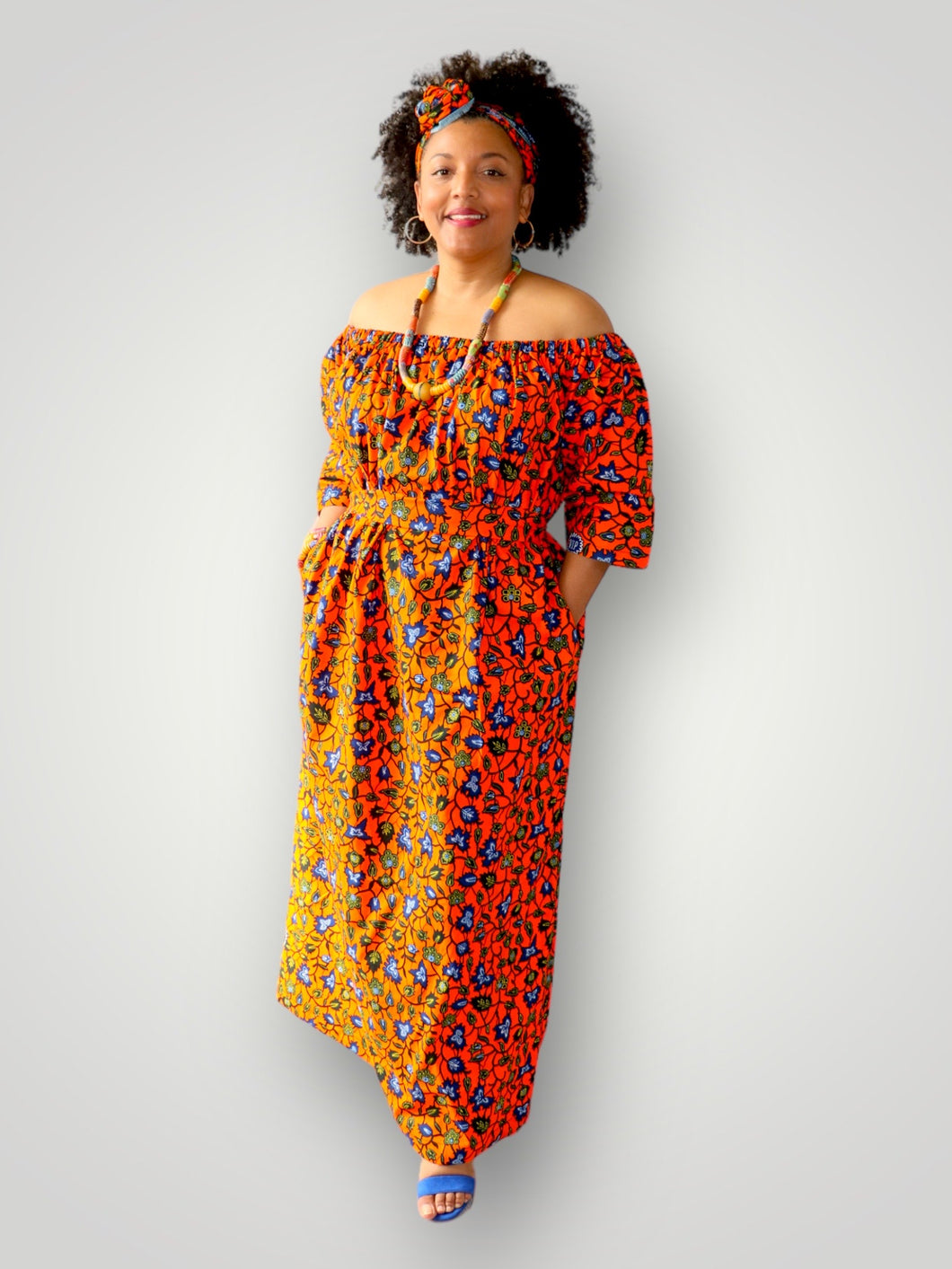 Off Shoulder Maxi Jurk van Afrikaanse Print - Oranje