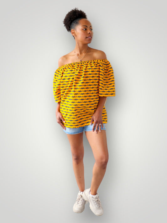 Off Shoulder Top van Afrikaanse Print - Geel