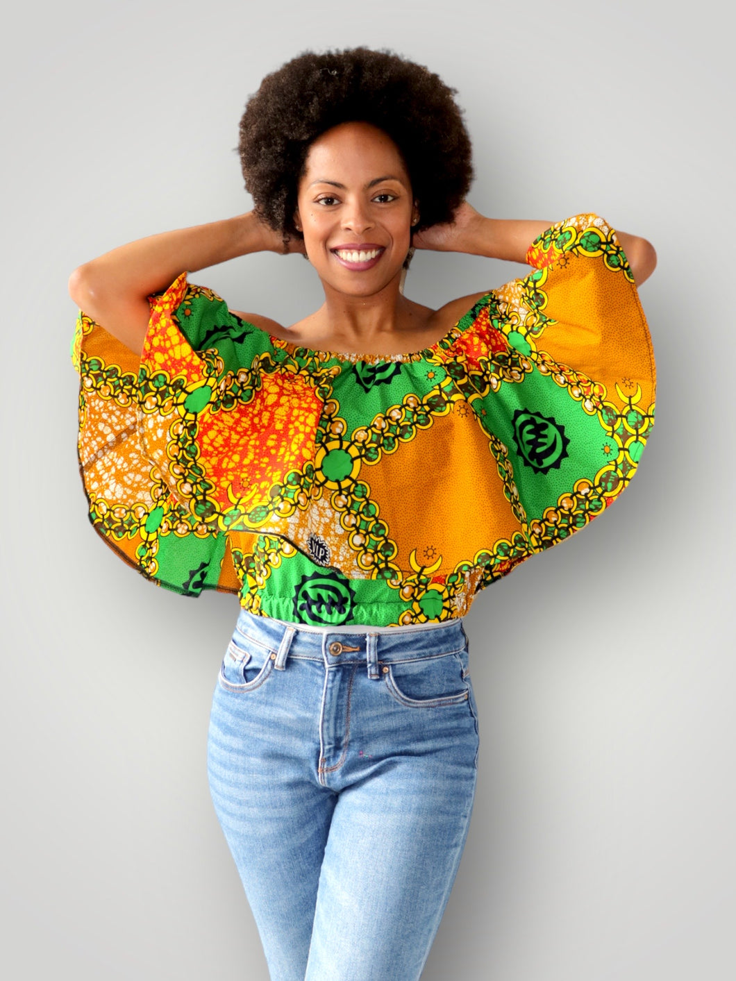 Off Shoulder Top van Afrikaanse Pront - Groen/Oranje