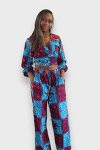Cargar imagen en el visor de la galería, Twee-delige Set met Wrap Top en Baggy Broek – Felle Blauwe &amp; Paarse Print
