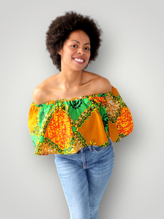 Off Shoulder Top van Afrikaanse Pront - Groen/Oranje